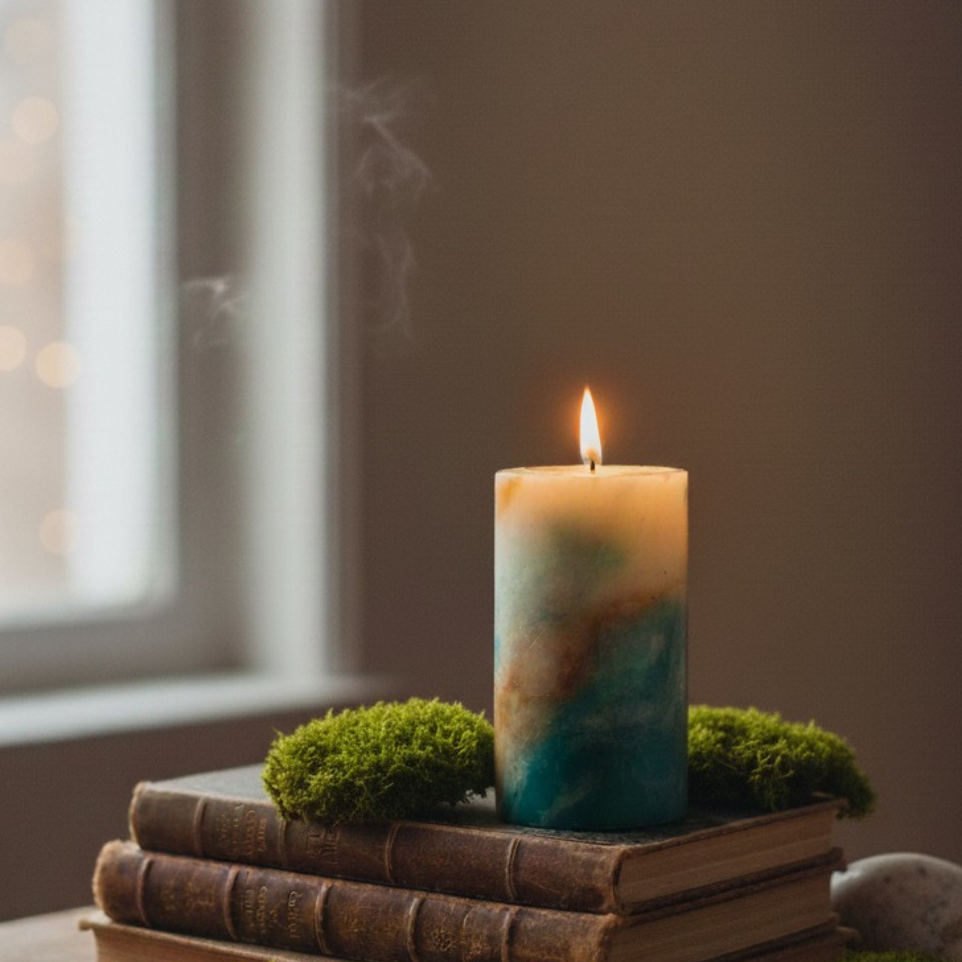 Marmor Kerze «Alpenmoos» | Bienenwachs Zylinder, handgeknetet M