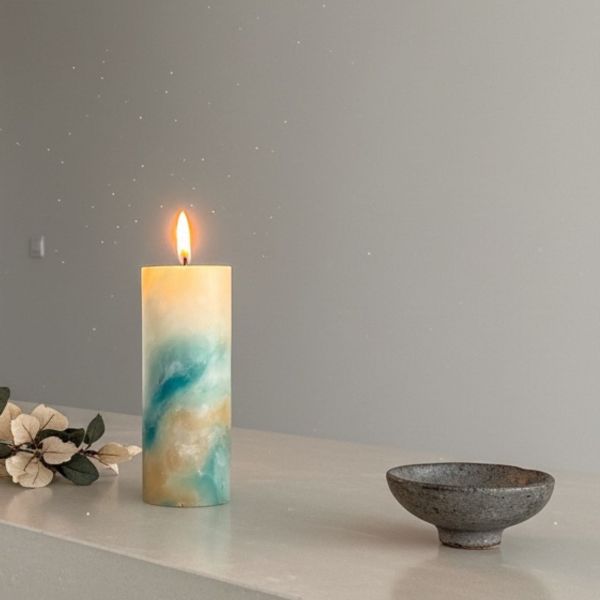 Marmor Kerze «Alpenmoos» | Bienenwachs Zylinder, handgeknetet S lang