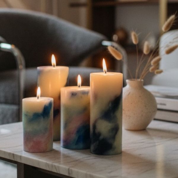 Marmor Kerze «Zürichs blaue Stunde» | Bienenwachs Zylinder, handgeknetet